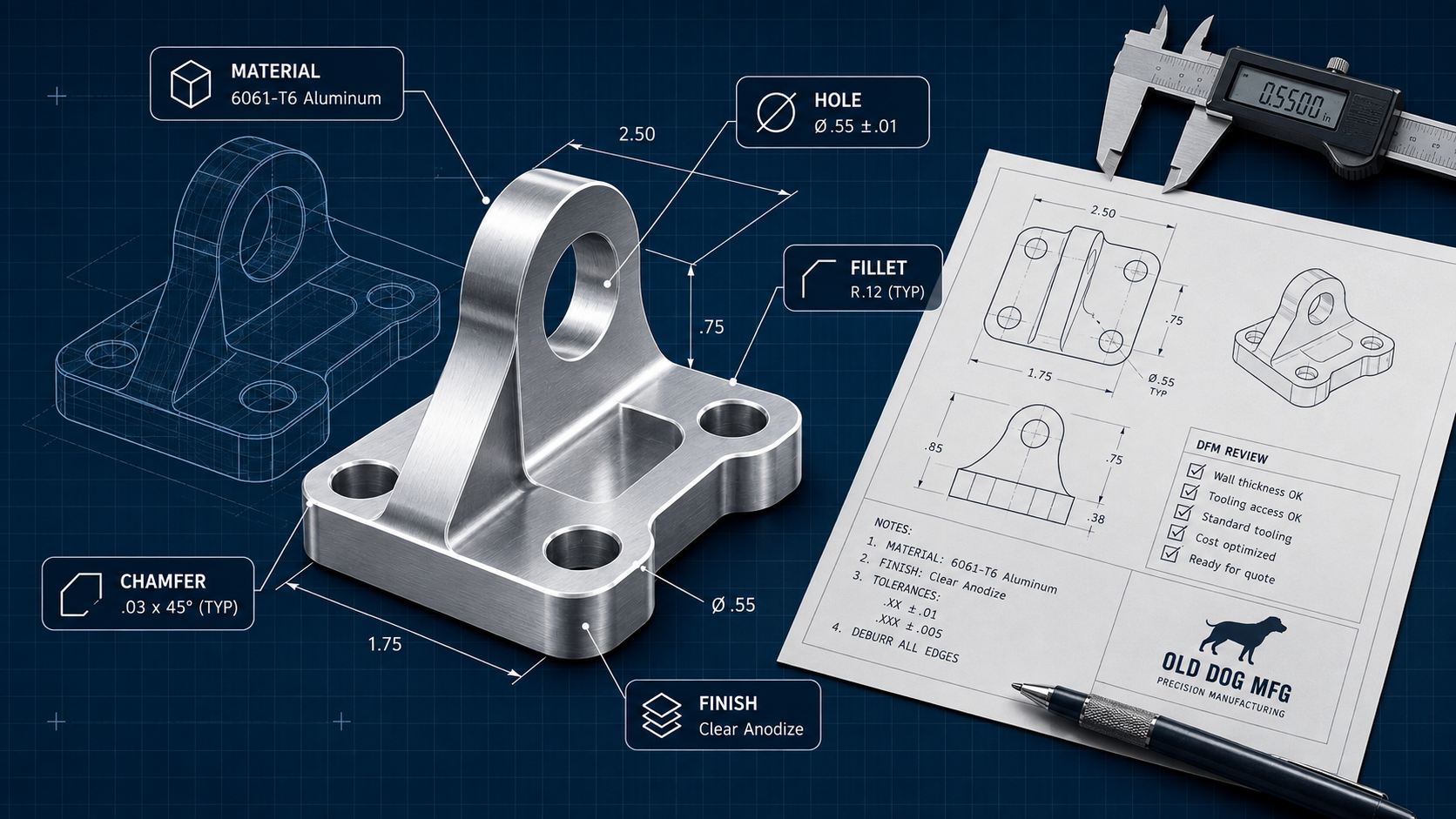 CAD model marked up with manufacturing review notes